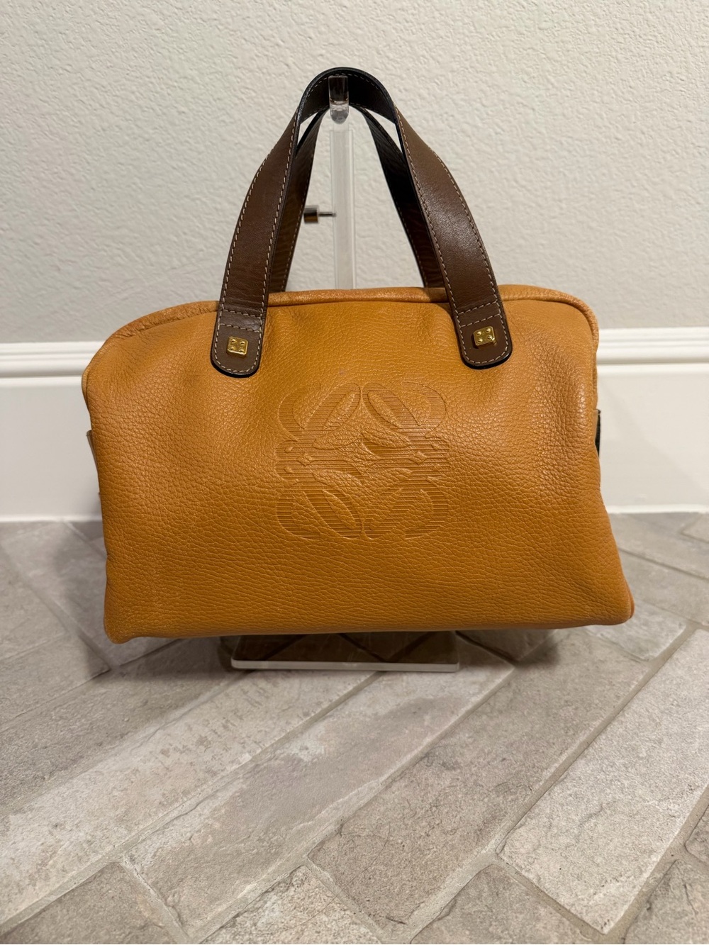 Loewe Vintage Golden Tan Leather Anagram Dice Hardware Bowling Hand Bag